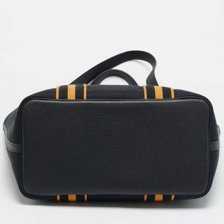 Pre Owned Hermes Pursangle MM Noir/Caramel Militaire Toile and Taurillon Clemence Leather Tote