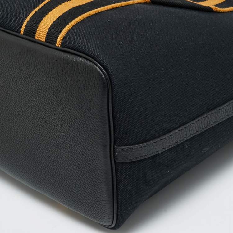 Pre Owned Hermes Pursangle MM Noir/Caramel Militaire Toile and Taurillon Clemence Leather Tote