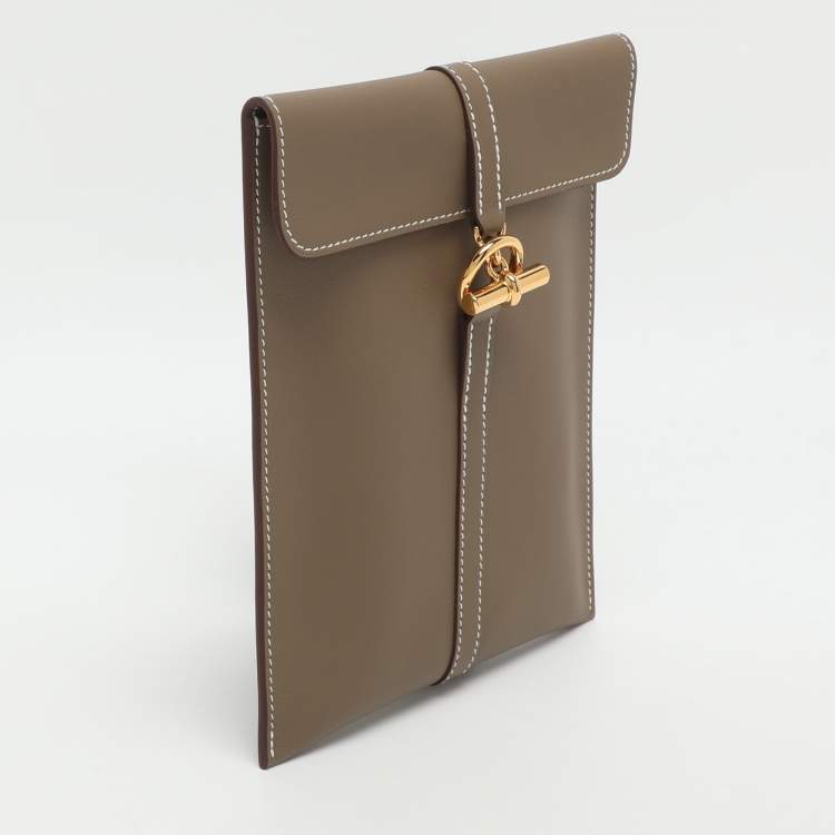 Pre Owned Hermès Glenan To Go Gold Finish Grey Leather Pouch