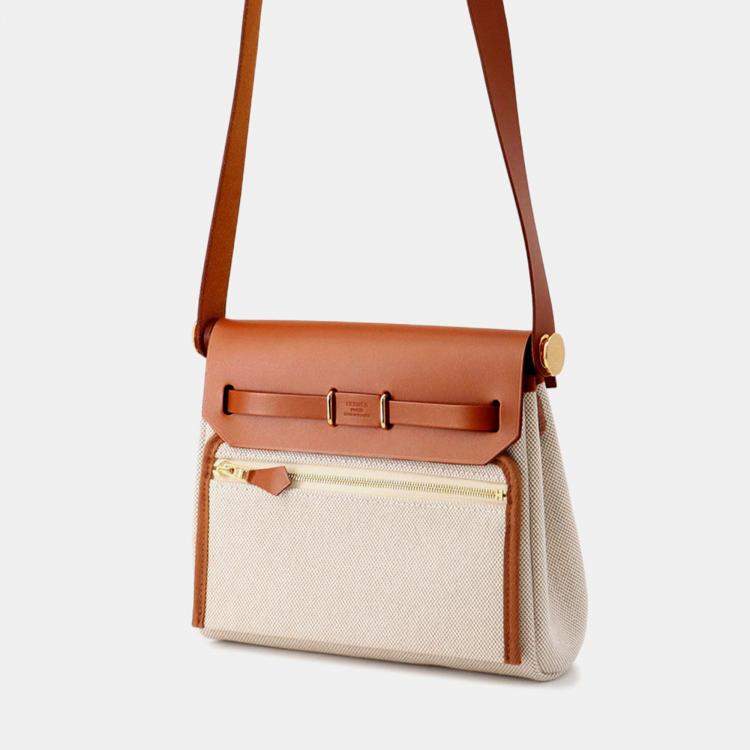 Pre Owned Hermes Herbag Zip Ecru/Fauve Toile H Vache Hunter Leather Size Mini