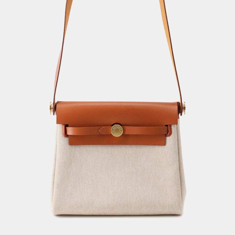 Pre Owned Hermes Herbag Zip Ecru/Fauve Toile H Vache Hunter Leather Size Mini