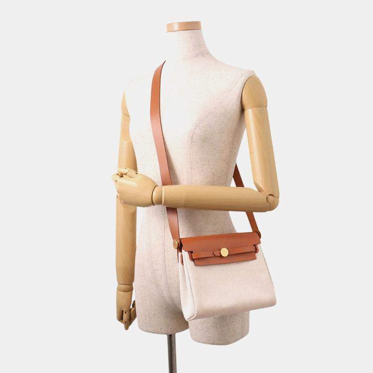 Pre Owned Hermes Herbag Zip Ecru/Fauve Toile H Vache Hunter Leather Size Mini