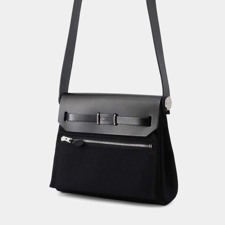 Pre Owned Hermes Herbag Zip Black Toile Vache Hunter Leather Size Mini