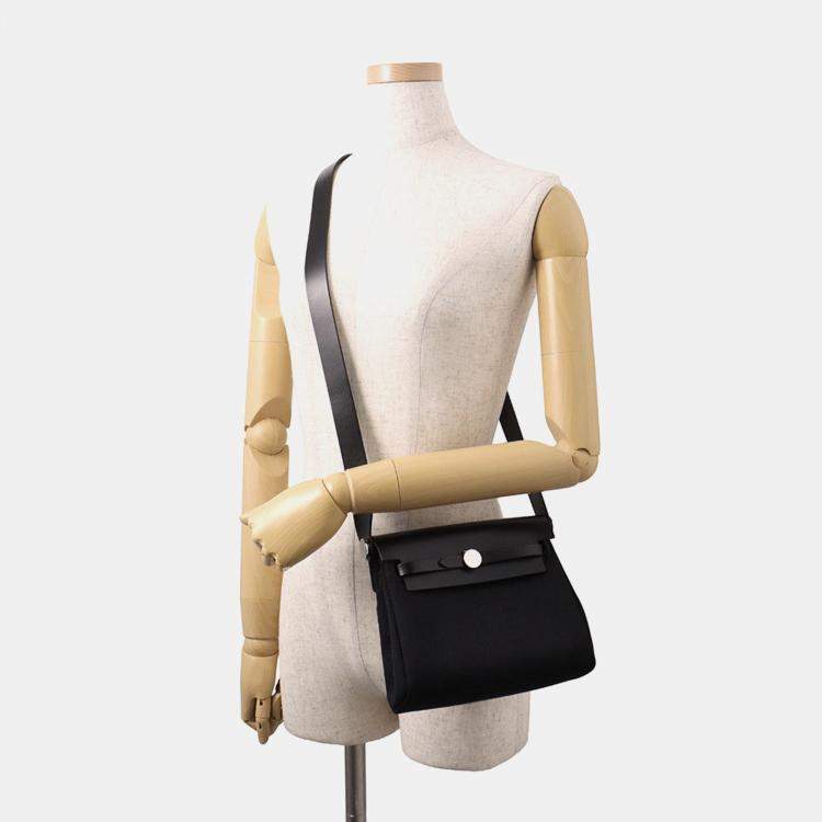 Pre Owned Hermes Herbag Zip Black Toile Vache Hunter Leather Size Mini