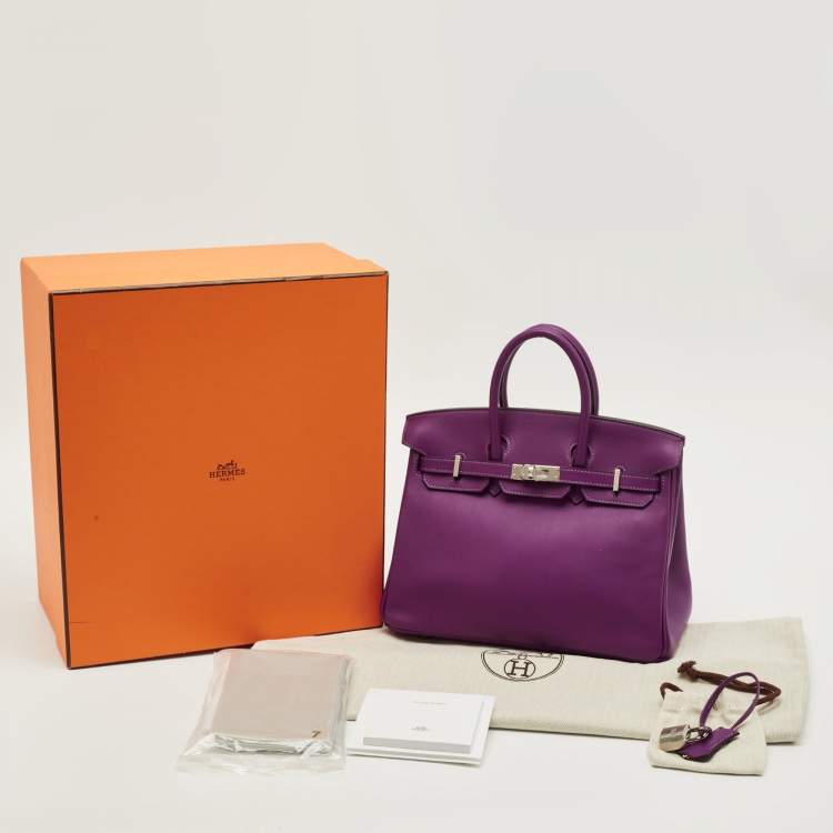 Pre Owned Hermes Birkin 25 Palladium Finish Anemone Swift Leather Tote