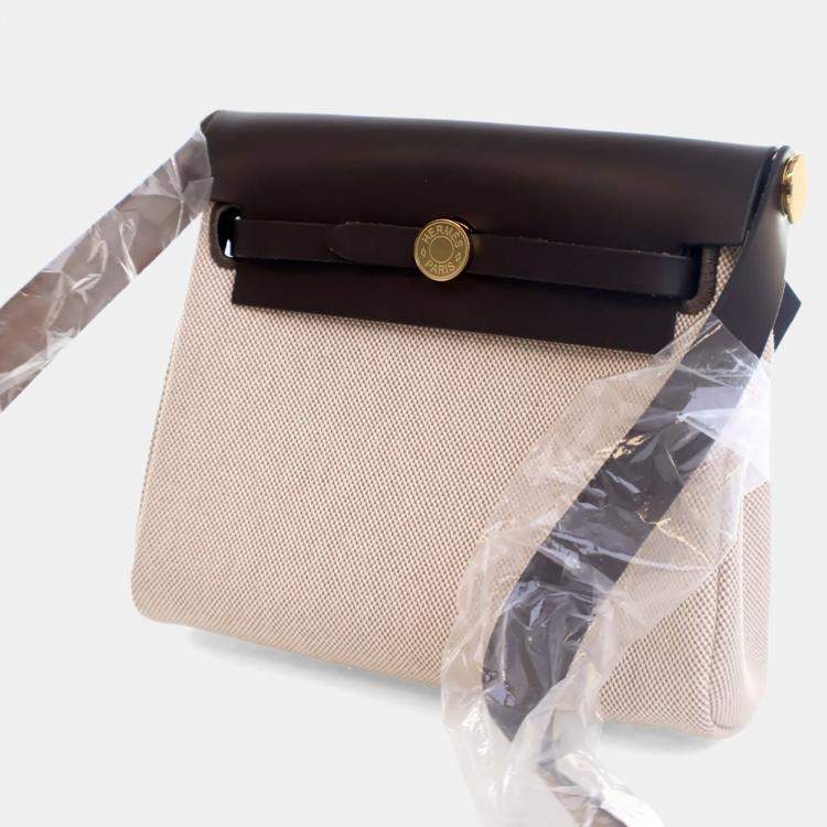 Pre Owned Hermes Brown,Cream Military Toile Mini Herbag Zip 20