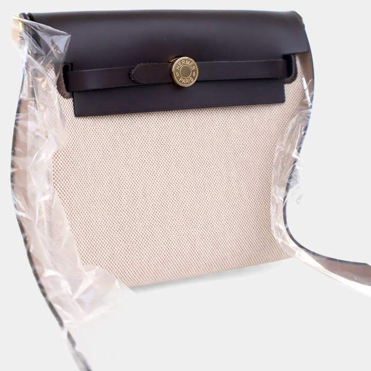 Pre Owned Hermes Brown,Cream Military Toile Mini Herbag Zip 20