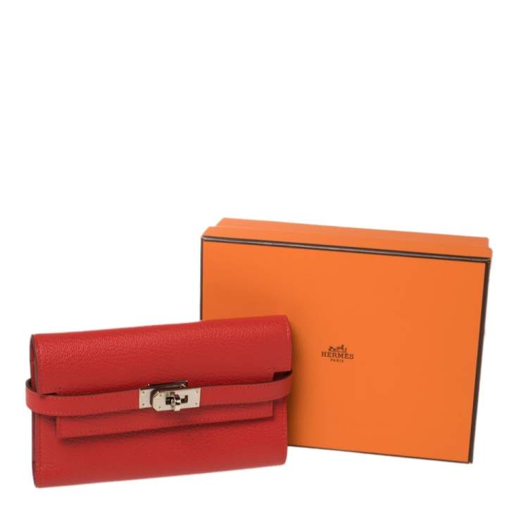 Pre Owned Hermes Rouge Casaque Evercolor Leather Kelly Depliant Medium Wallet