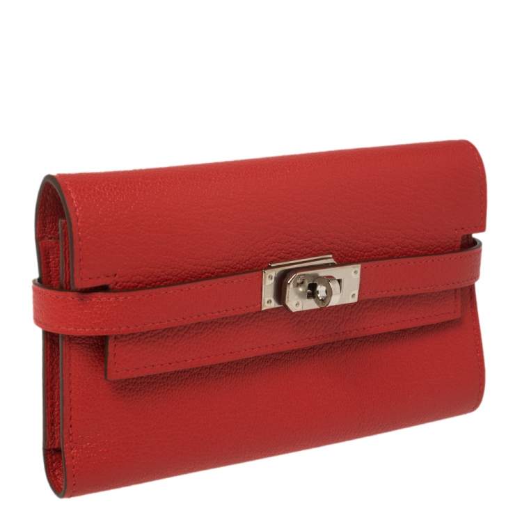 Pre Owned Hermes Rouge Casaque Evercolor Leather Kelly Depliant Medium Wallet
