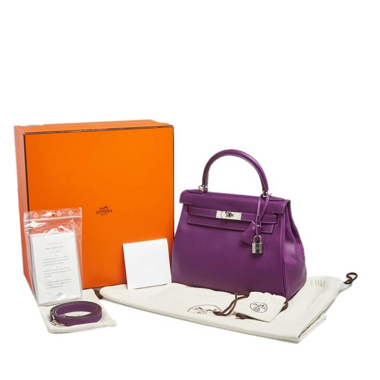 Pre Owned Hermes Anemone Evercolor Leather Palladium Plated Kelly Retourne 28 Bag