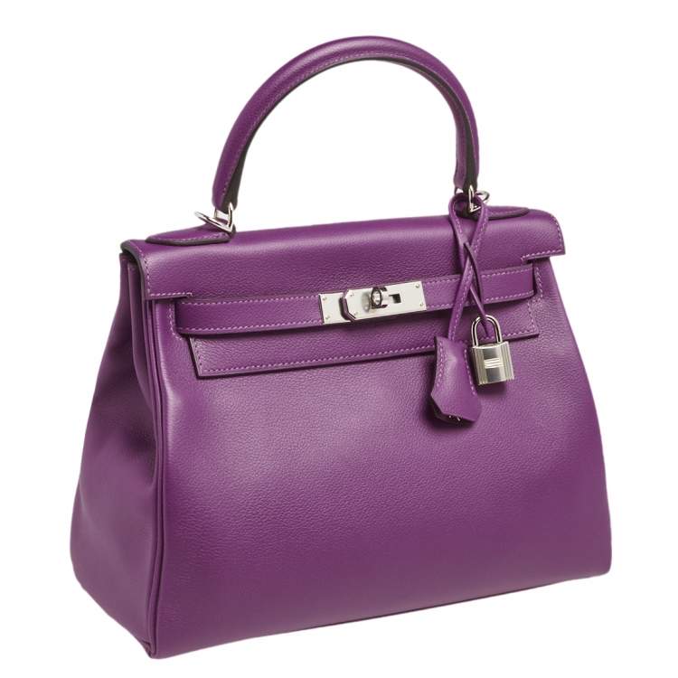 Pre Owned Hermes Anemone Evercolor Leather Palladium Plated Kelly Retourne 28 Bag