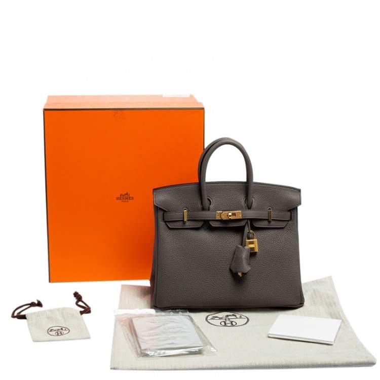 Pre Owned Hermes Gris Etain Togo Leather Gold Plated Birkin 25 Bag 