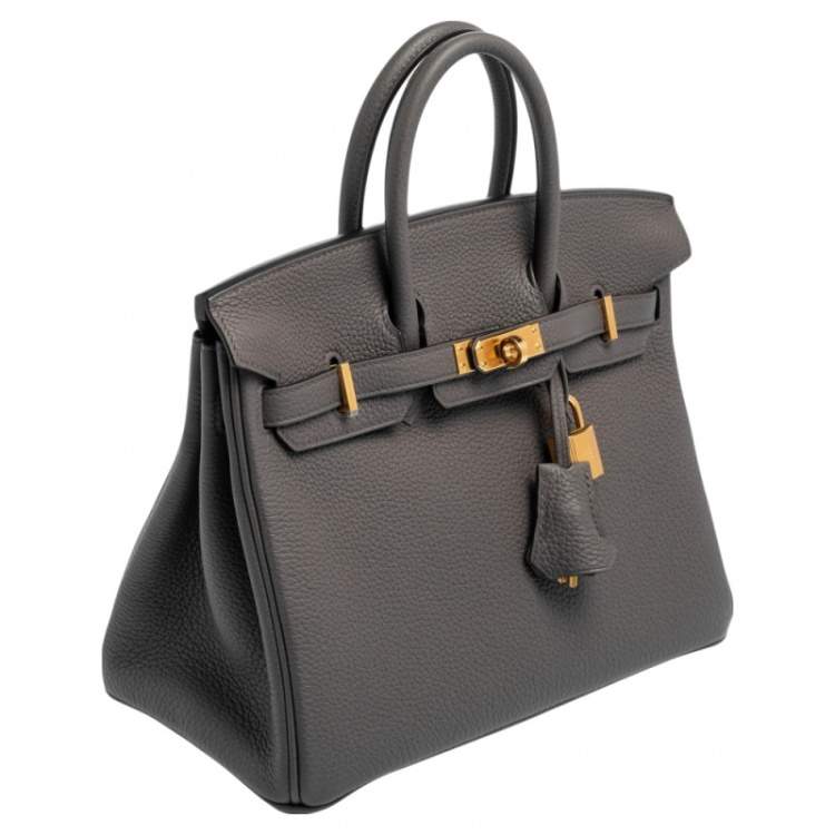 Pre Owned Hermes Gris Etain Togo Leather Gold Plated Birkin 25 Bag 