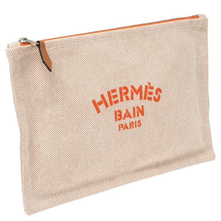 Pre Owned Hermes Bain Beige/White Cotton Canvas New Yachting Case Small Pouch