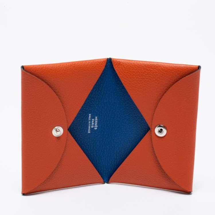 Pre Owned Hermes Terre Battue/Bleu France Epsom Leather Calvi Card Holder