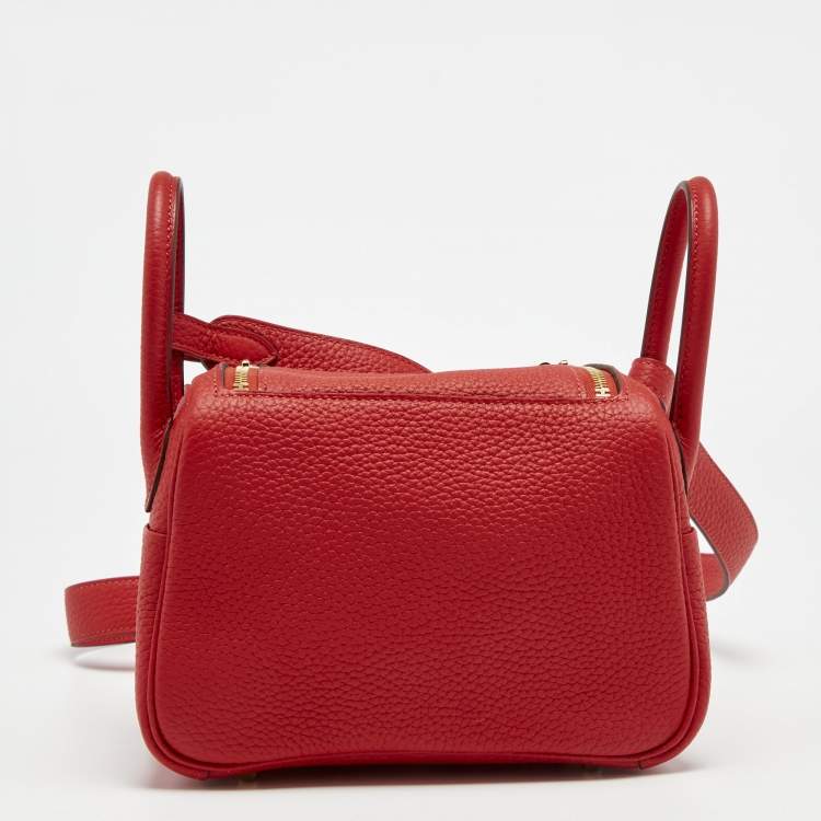 Pre Owned Hermès Rouge Tomate Taurillon Clemence Leather Gold Finish Mini Lindy Bag