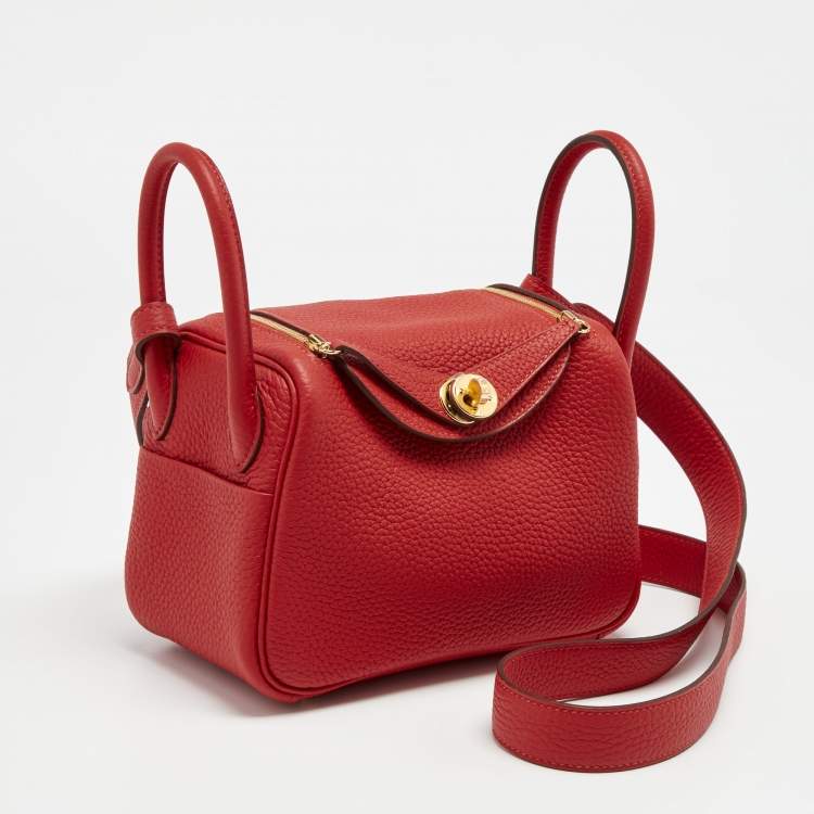 Pre Owned Hermès Rouge Tomate Taurillon Clemence Leather Gold Finish Mini Lindy Bag