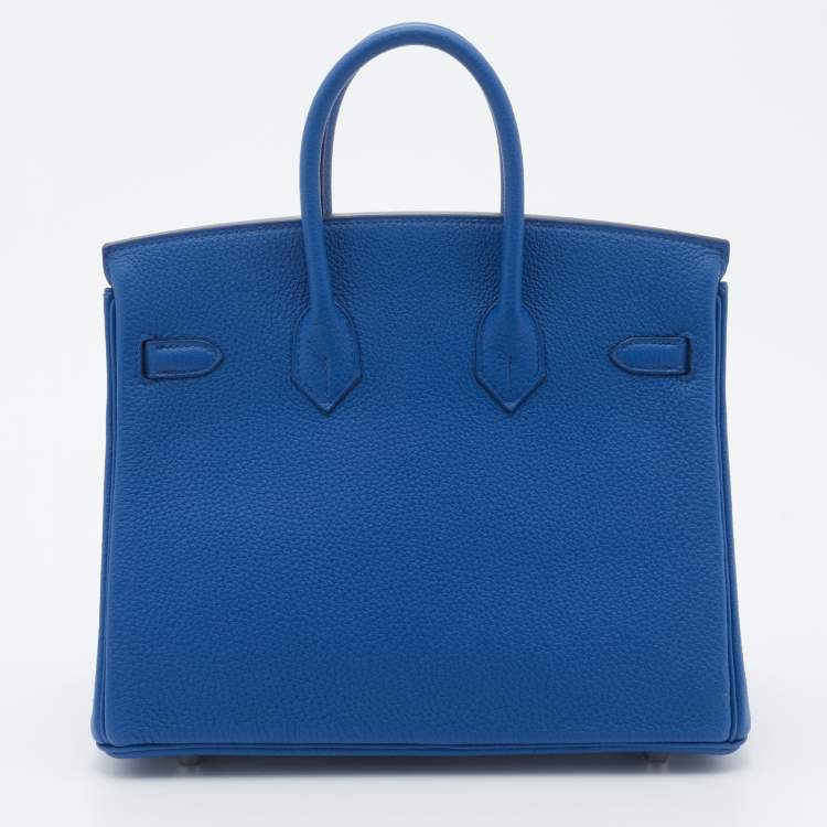 Pre Owned Hermes Bleu France Togo Leather Palladium Plated Birkin 25 Bag