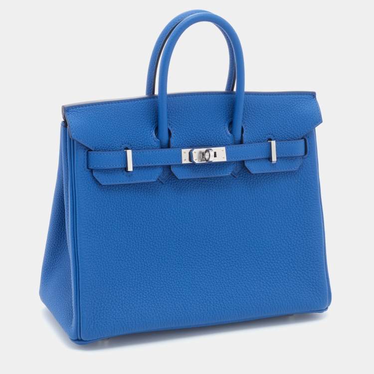 Pre Owned Hermes Bleu France Togo Leather Palladium Plated Birkin 25 Bag