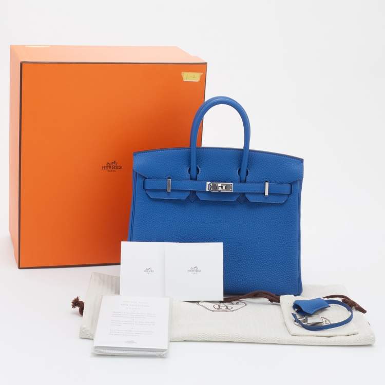 Pre Owned Hermes Bleu France Togo Leather Palladium Plated Birkin 25 Bag