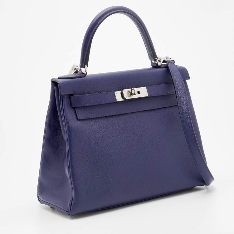 مملوكة مسبقًا Hermès Bleu Encre/Bleu Zellige Evercolor Leather Palladium Plated Kelly 28 Retourne Bag