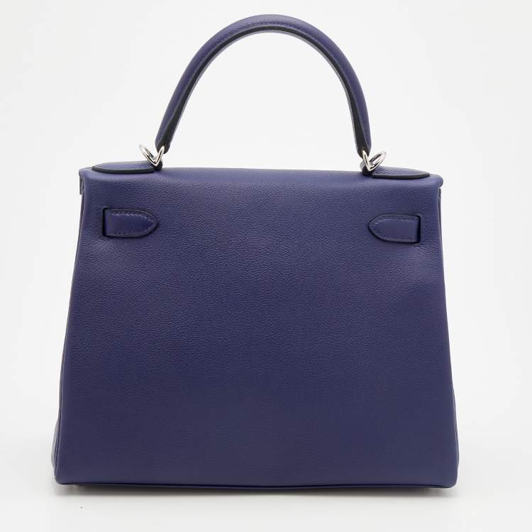 مملوكة مسبقًا Hermès Bleu Encre/Bleu Zellige Evercolor Leather Palladium Plated Kelly 28 Retourne Bag