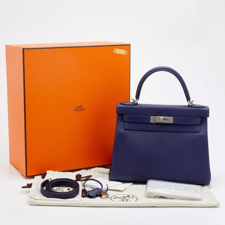 مملوكة مسبقًا Hermès Bleu Encre/Bleu Zellige Evercolor Leather Palladium Plated Kelly 28 Retourne Bag