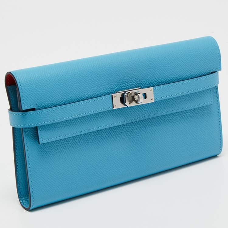 Pre Owned Hermès Bleu Du Nord Rouge de Coeur Epsom Leather Kelly Classic Wallet