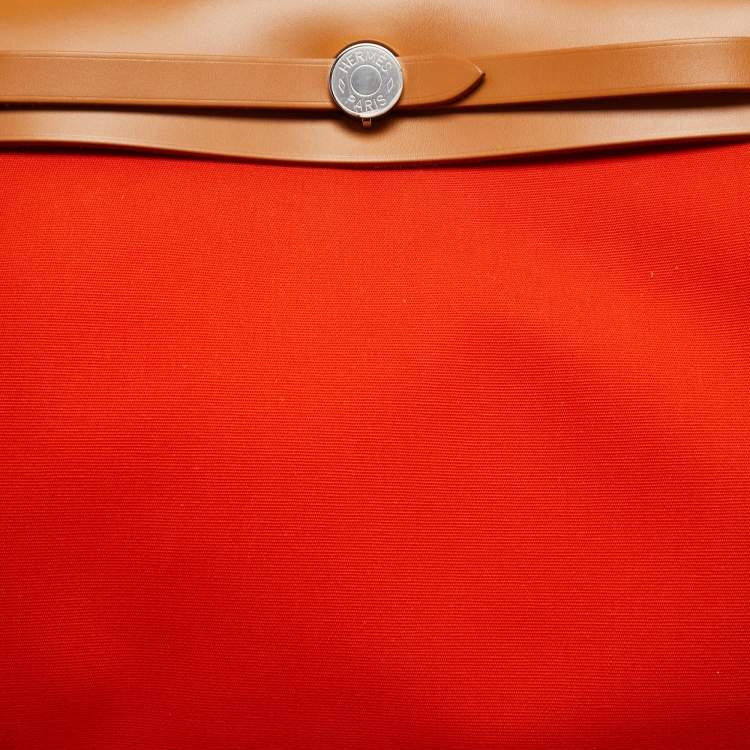 Pre Owned Hermes Orange Poppy/Natural Canvas and Leather Herbag Zip 31 Bag