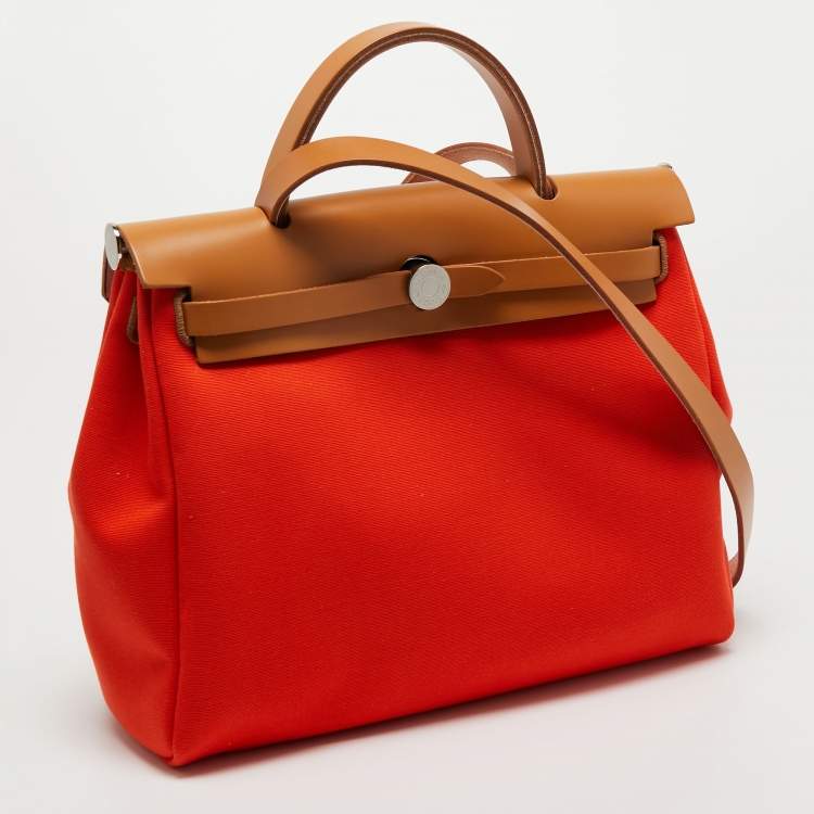 Pre Owned Hermes Orange Poppy/Natural Canvas and Leather Herbag Zip 31 Bag