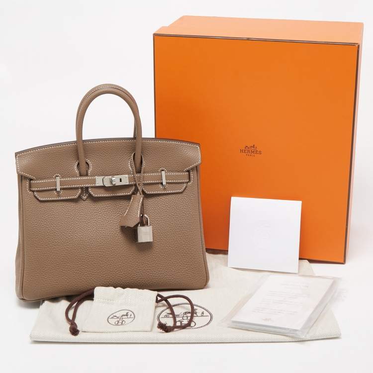 Pre Owned Hermes Etoupe Togo Leather Palladium Finish Birkin 25 Bag 