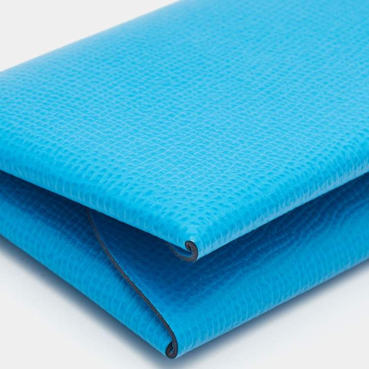 مملوكة مسبقًا Hermes Blue Hydra Epsom Leather Calvi Duo Compact Card Holder