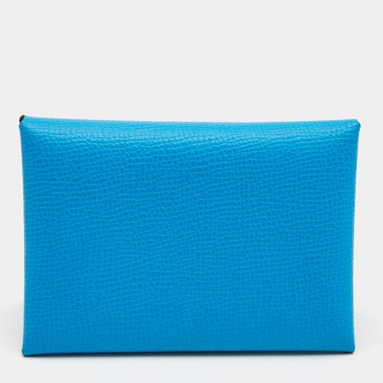 مملوكة مسبقًا Hermes Blue Hydra Epsom Leather Calvi Duo Compact Card Holder