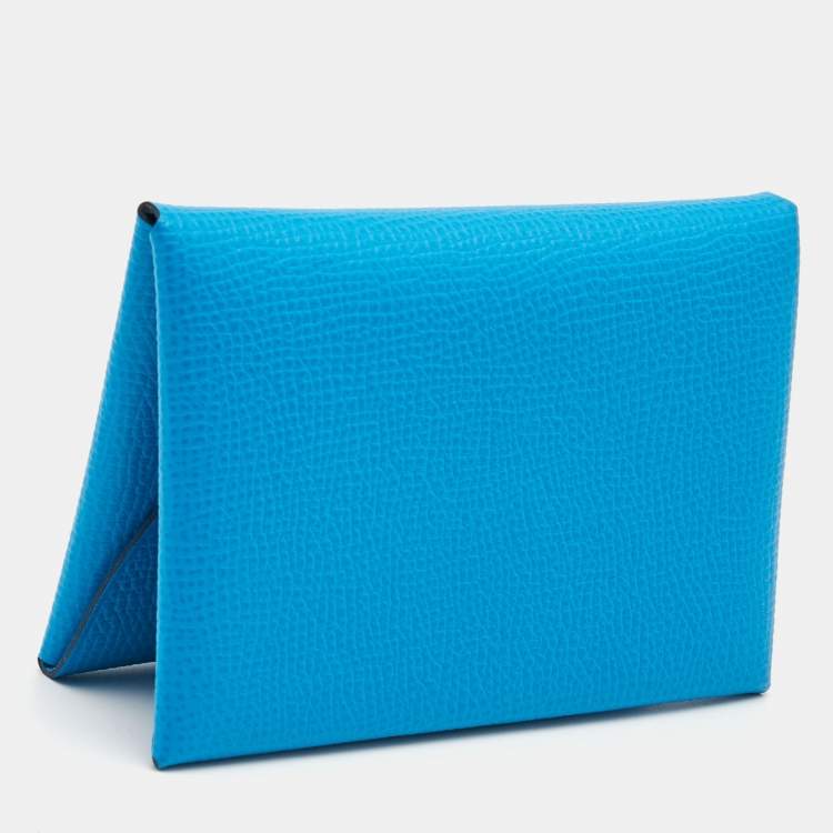 مملوكة مسبقًا Hermes Blue Hydra Epsom Leather Calvi Duo Compact Card Holder
