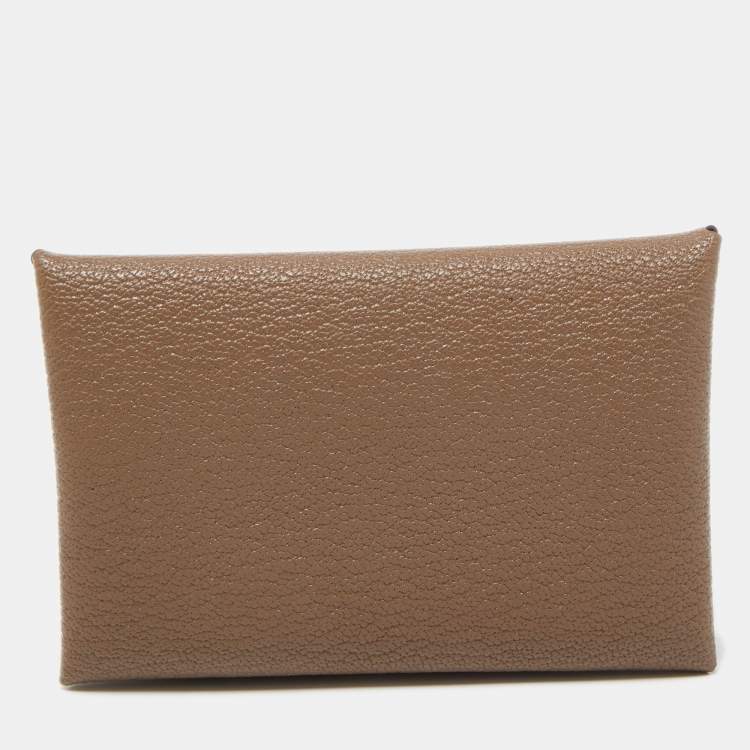 Pre Owned Hermès Etoupe Chevre Mysore Leather Calvi Card Holder