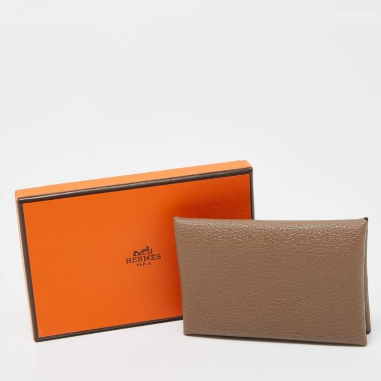 Pre Owned Hermès Etoupe Chevre Mysore Leather Calvi Card Holder