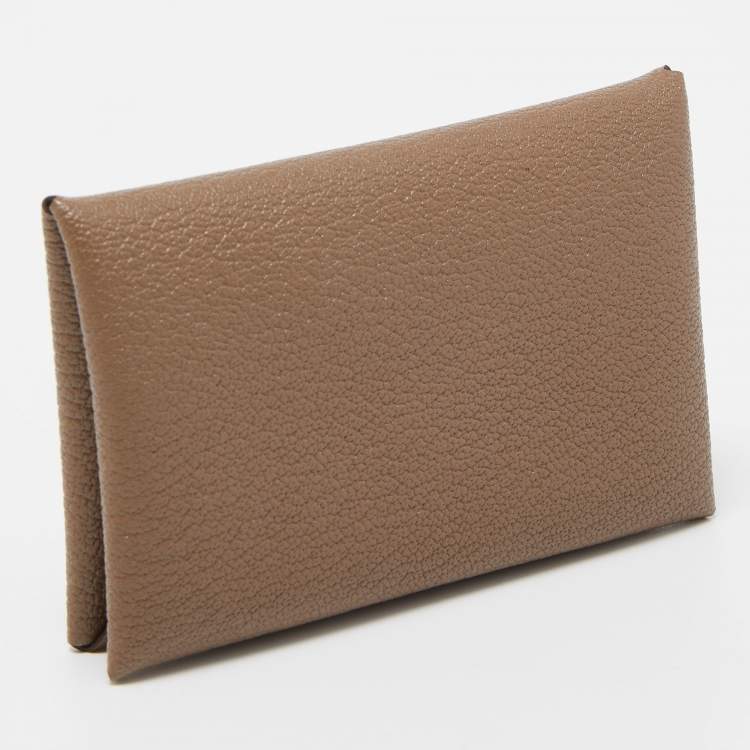 Pre Owned Hermès Etoupe Chevre Mysore Leather Calvi Card Holder