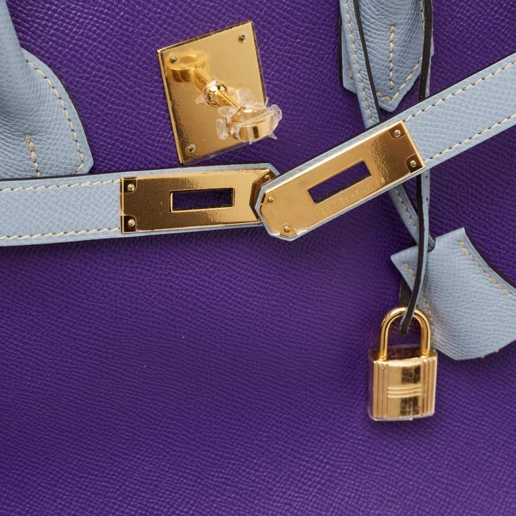 Pre Owned Hermes Crocus/Bleu Lin Epsom Leather Gold Finish Birkin 35 Bag