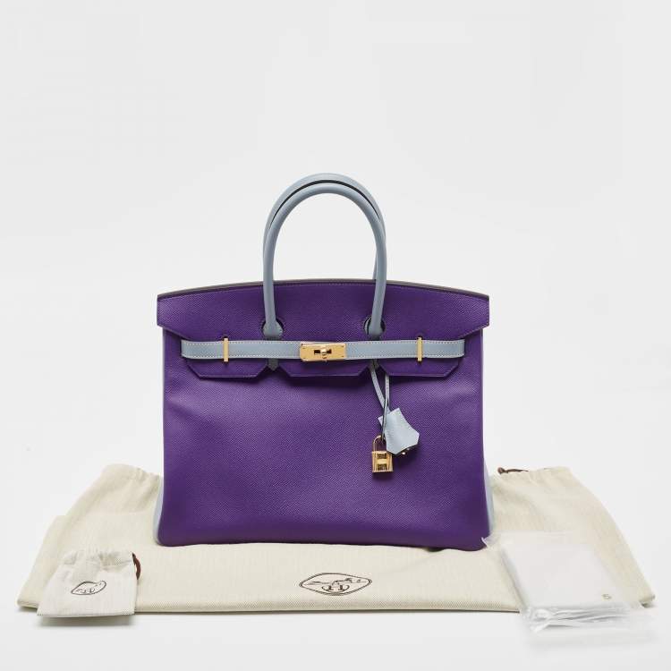 Pre Owned Hermes Crocus/Bleu Lin Epsom Leather Gold Finish Birkin 35 Bag