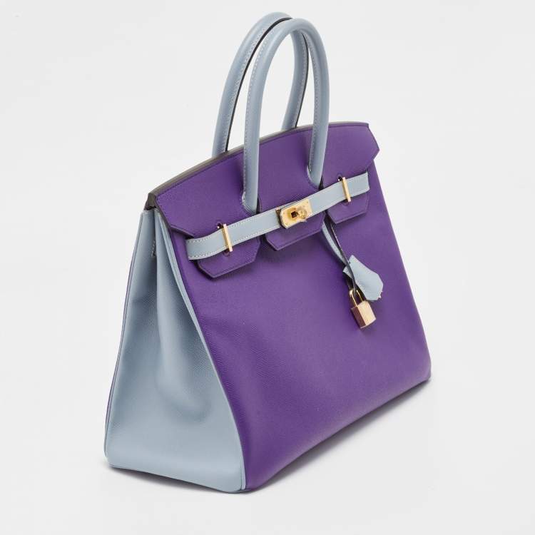 Pre Owned Hermes Crocus/Bleu Lin Epsom Leather Gold Finish Birkin 35 Bag