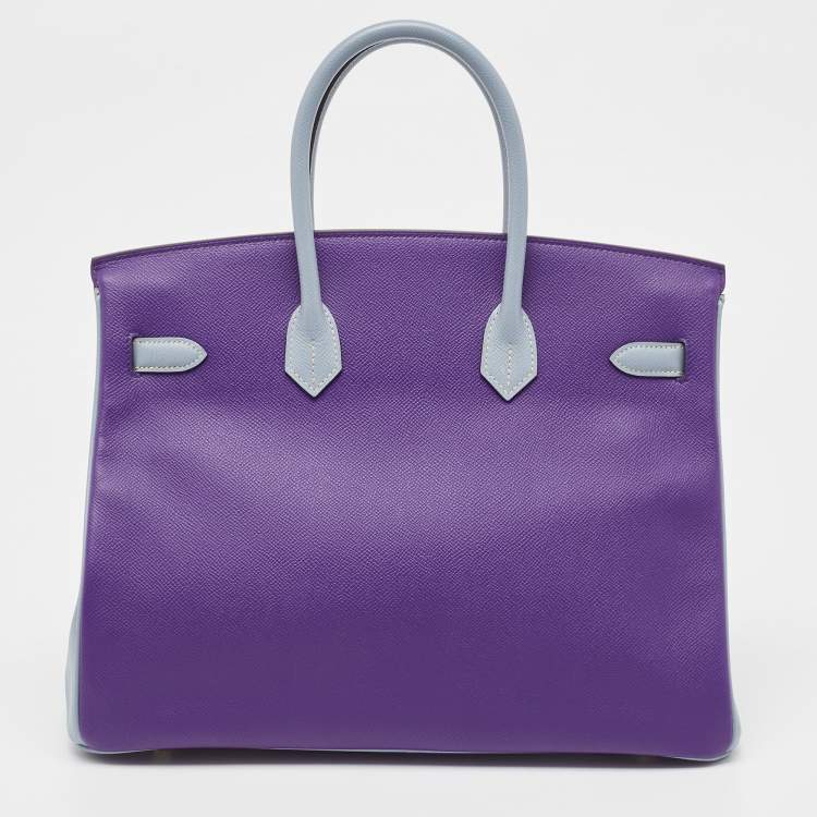 Pre Owned Hermes Crocus/Bleu Lin Epsom Leather Gold Finish Birkin 35 Bag