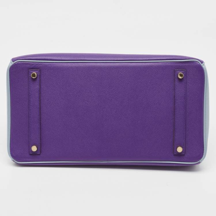 Pre Owned Hermes Crocus/Bleu Lin Epsom Leather Gold Finish Birkin 35 Bag