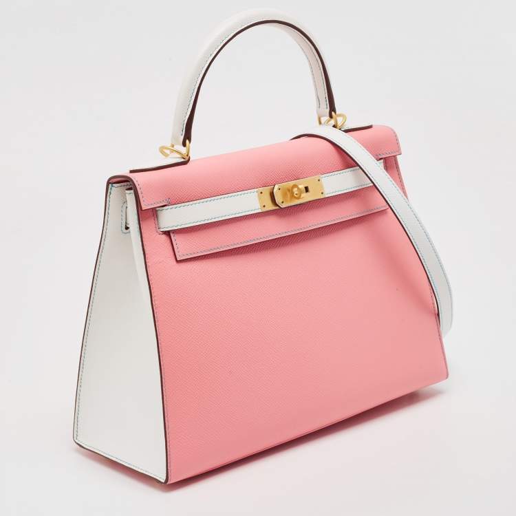 Pre Owned Hermes Rose Confetti/Mykonos/Blanc Epsom Leather Brushed Gold Finish Kelly Sellier 28 Bag