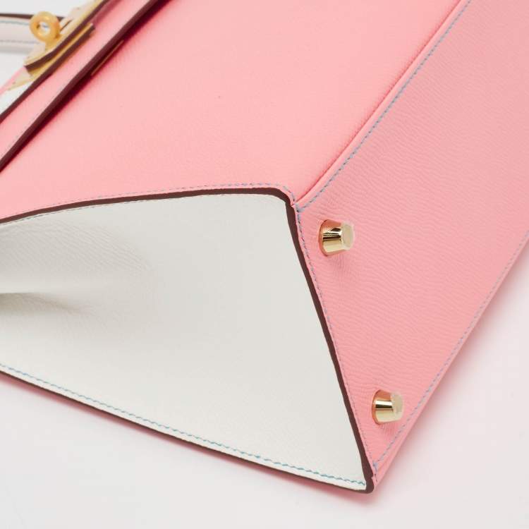 Pre Owned Hermes Rose Confetti/Mykonos/Blanc Epsom Leather Brushed Gold Finish Kelly Sellier 28 Bag