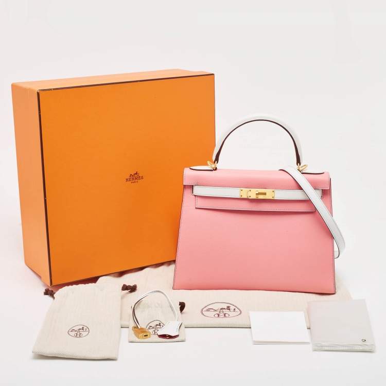 Pre Owned Hermes Rose Confetti/Mykonos/Blanc Epsom Leather Brushed Gold Finish Kelly Sellier 28 Bag