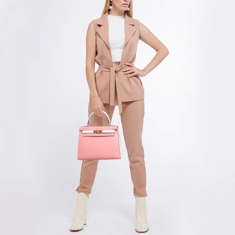 Pre Owned Hermes Rose Confetti/Mykonos/Blanc Epsom Leather Brushed Gold Finish Kelly Sellier 28 Bag