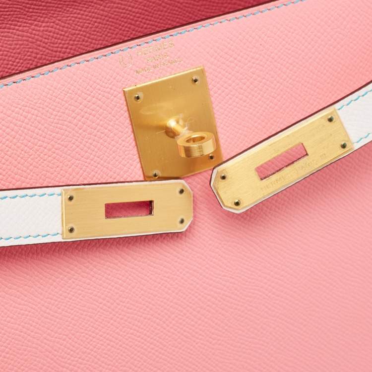 Pre Owned Hermes Rose Confetti/Mykonos/Blanc Epsom Leather Brushed Gold Finish Kelly Sellier 28 Bag