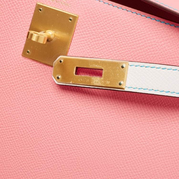 Pre Owned Hermes Rose Confetti/Mykonos/Blanc Epsom Leather Brushed Gold Finish Kelly Sellier 28 Bag