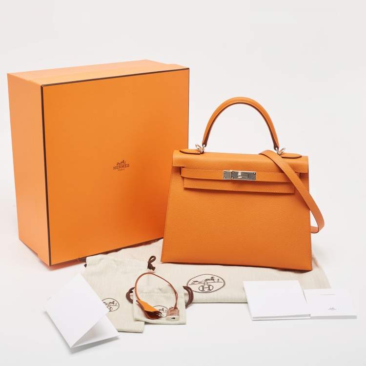 Pre Owned Hermes Orange Epsom Leather Palladium Finish Kelly Sellier 28 Bag