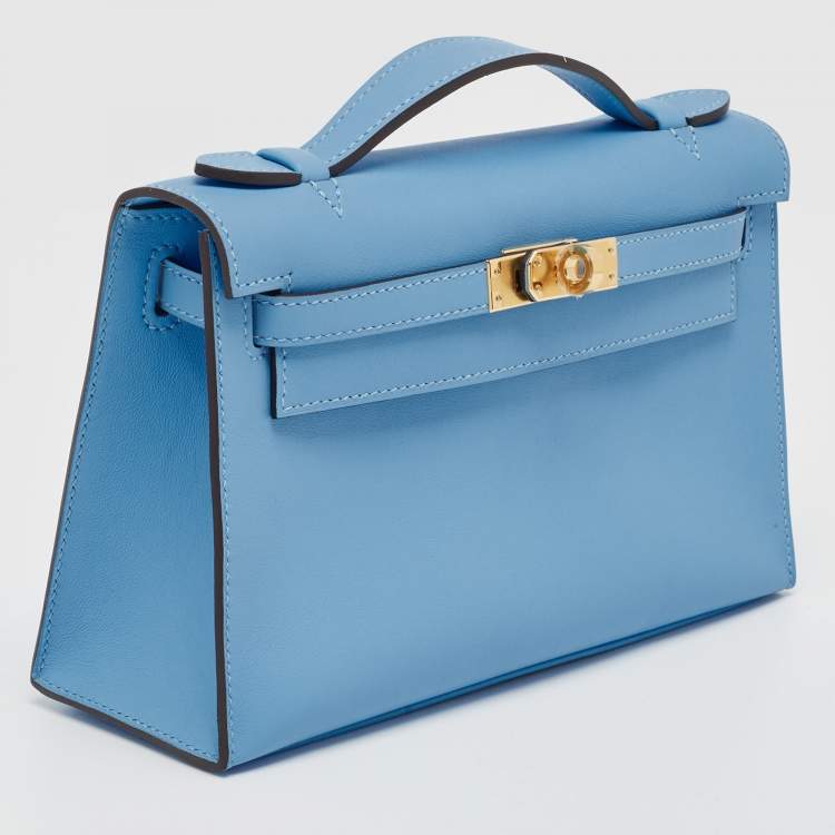 Pre Owned Hermes Bleu Du Nord Swift Leather Gold Finish Kelly Pochette